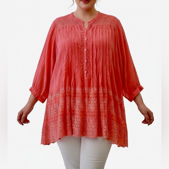 Johnny Was Coral Lace Eyelet Detail 3/4 Sleeve Tunic Top 1X